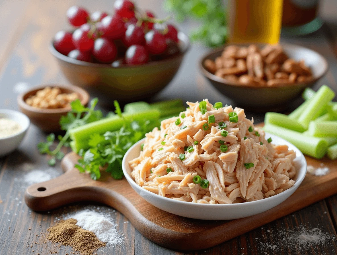 Chicken Salad Chick: How to Recreate 3 Top Flavors at Home 2 Essential ingredients for a perfect chicken salad recipe: shredded chicken, mayo, grapes, pecans, and seasonings.