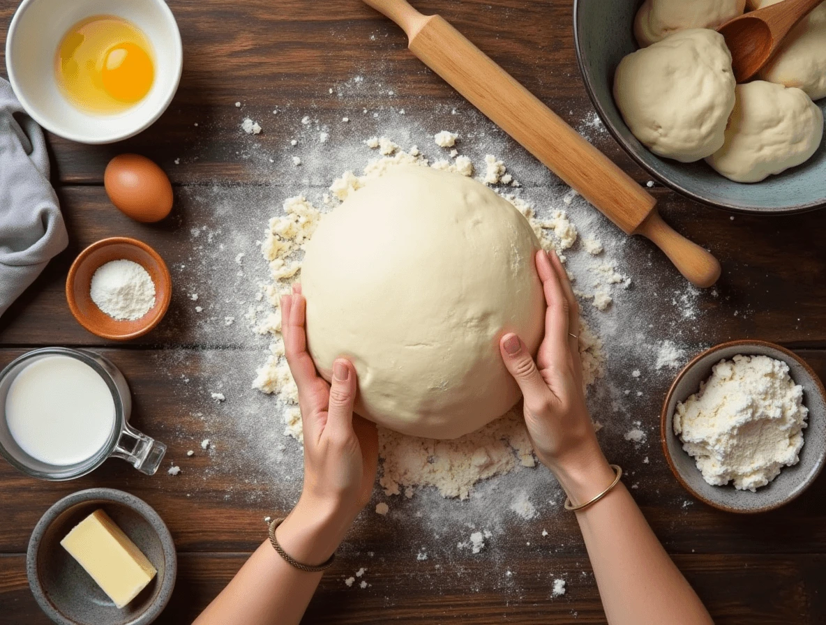 No Beignets Near Me? Here’s How to Make the Best Ones at Home 3 A ball of freshly kneaded beignet dough on a floured surface, surrounded by ingredients like eggs, butter, and milk, with hands gently kneading the dough.
