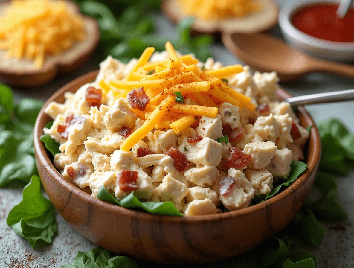 Chicken Salad Chick: How to Recreate 3 Top Flavors at Home 5 Cheesy and savory Sassy Scotty chicken salad with shredded chicken, crispy bacon, and cheddar cheese served in a rustic bowl.