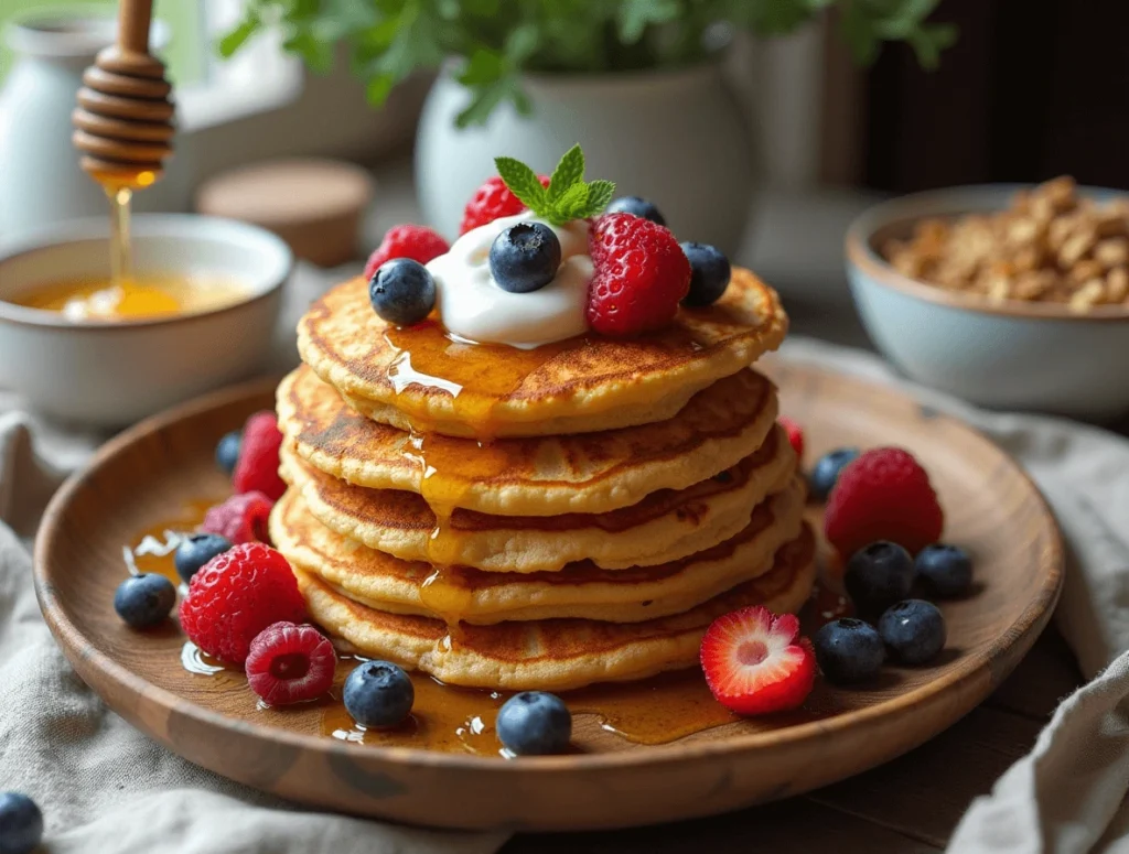 Sourdough Discard Pancakes: 3 Reasons You’ll Love This Recipe 5 A stack of golden sourdough discard pancakes topped with fresh berries, a drizzle of honey, and a dollop of creamy yogurt, served on a rustic plate.