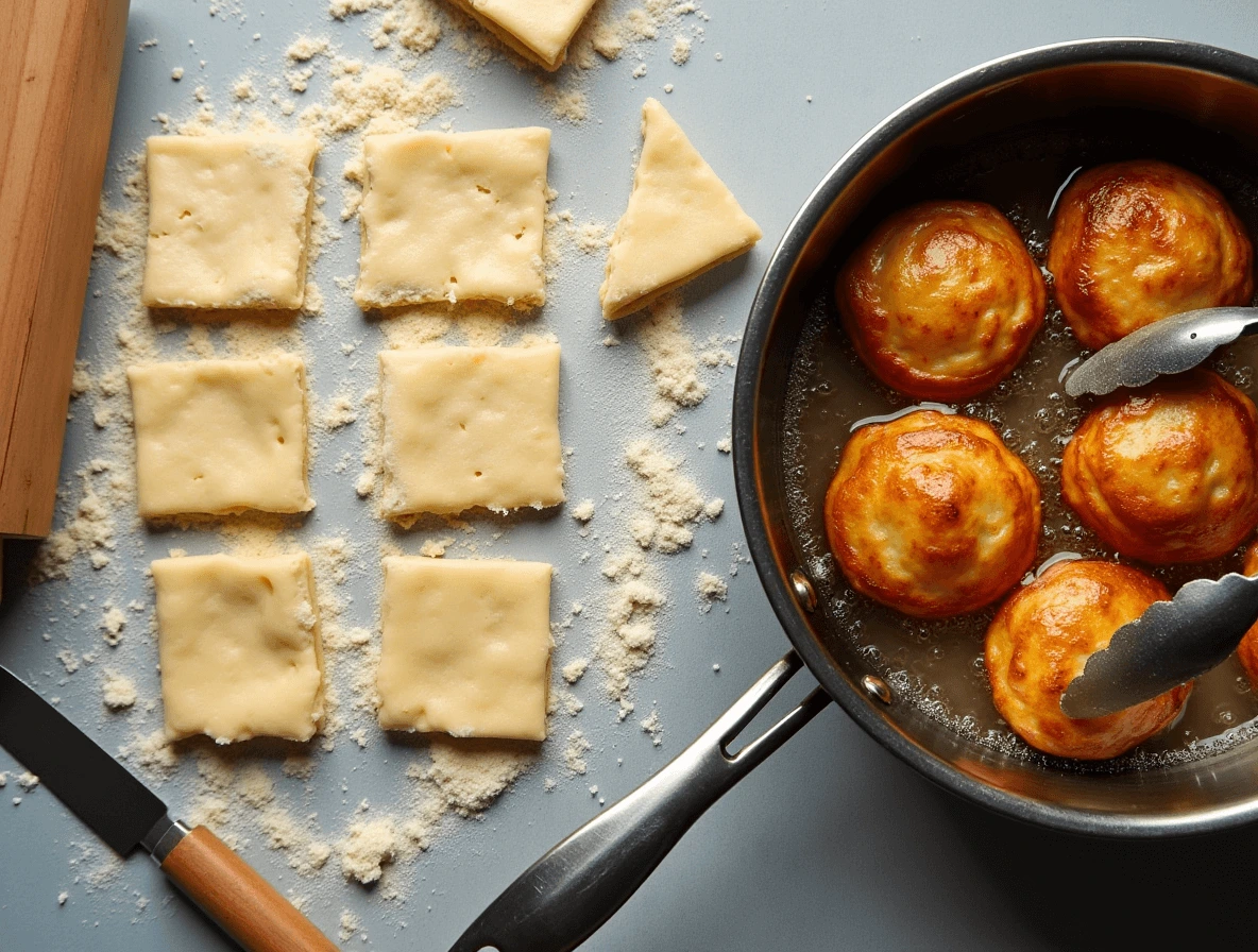 No Beignets Near Me? Here’s How to Make the Best Ones at Home 4 Squares of beignet dough being cut and shaped on a floured surface, with some pieces frying to a golden brown in hot oil.