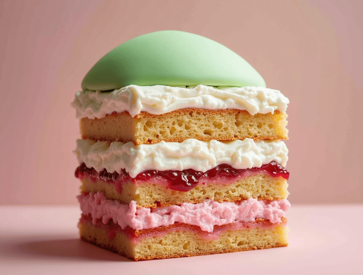 Title: Princess Cake: Why This 200-Year-Old Cake Is Still Popular 2 Close-up of the signature ingredients of Princess Cake: sponge cake, pastry cream, raspberry jam, whipped cream, and marzipan.