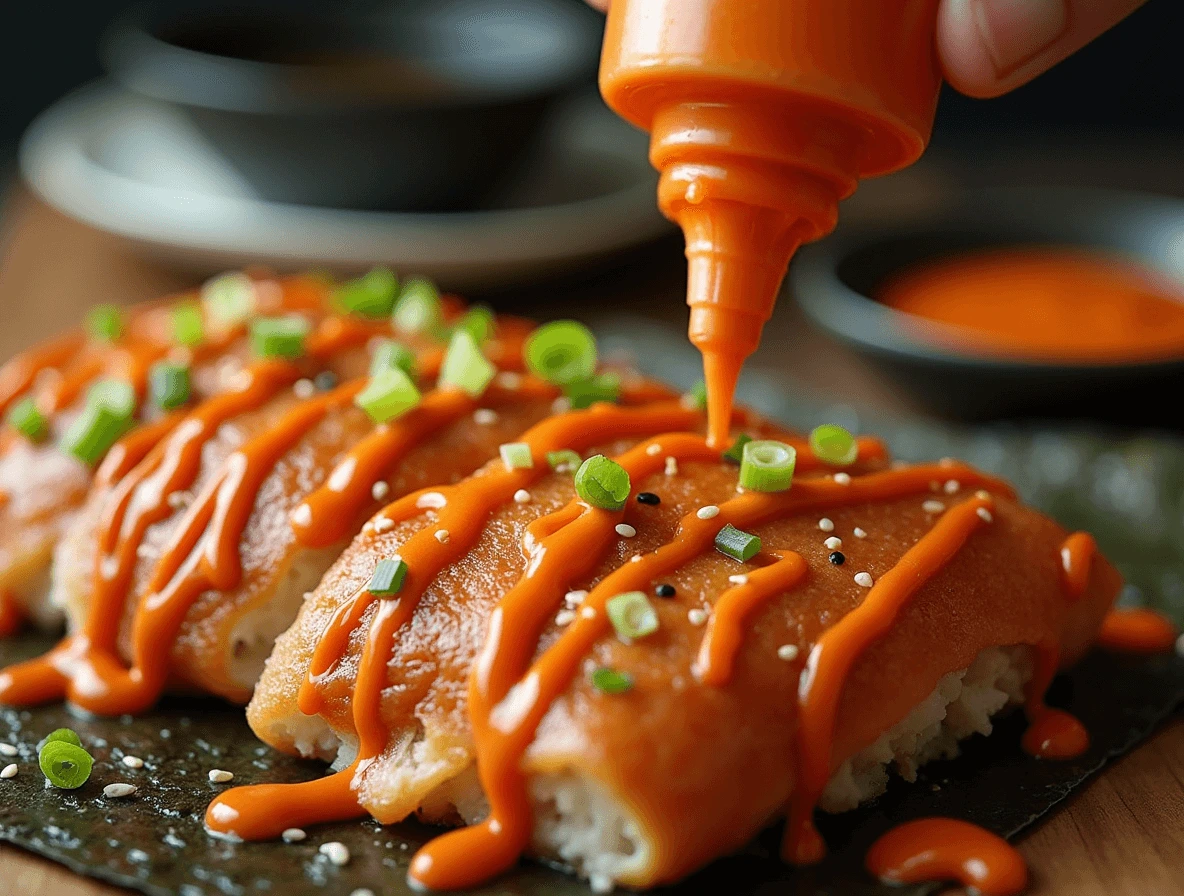 Sushi Bake Tuna: 5 Best Toppings to Elevate Your Recipe 2 A drizzle of creamy spicy mayo and bold red Sriracha sauce over a freshly baked sushi bake tuna, creating a perfect balance of heat and richness.