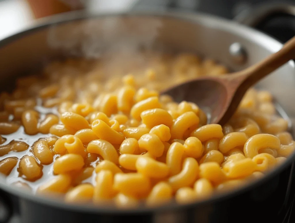 How to Make Tini’s Famous Mac and Cheese Recipe 3 A close-up of elbow macaroni boiling in a pot of water on the stove, with steam rising and bubbles forming around the pasta.