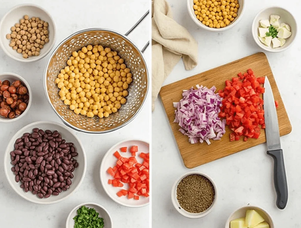 Want a Bold, Dense Bean Salad? Here’s the Perfect Secret! 3 Preparing the ingredients for dense bean salad: draining chickpeas, black beans, kidney beans, and chopping fresh vegetables like tomatoes and onions.
