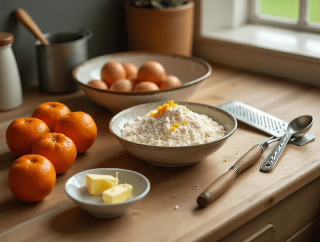 How to Make the Best Orange Cake at Home 3 Ingredients for orange cake laid out on a wooden counter, including fresh oranges, flour, eggs, and butter, ready for baking.