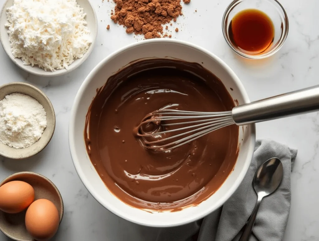 Best Homemade Chocolate Coconut Cake in 4 Simple Steps 2 Ingredients for chocolate coconut cake batter being mixed in a bowl
