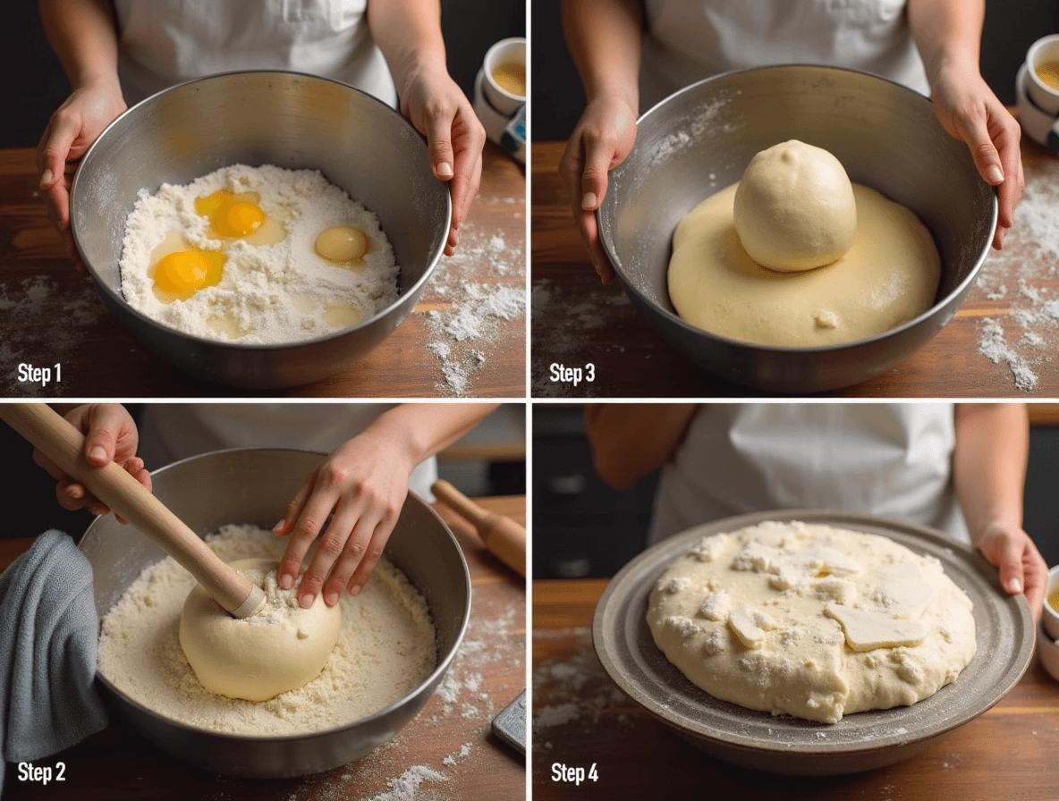 How to Make the Perfect Long John Donut at Home (Easy Recipe!) 3 A baker’s hands mixing Long John donut dough in a bowl, then kneading it on a floured surface before letting it rest in a covered bowl for proofing.