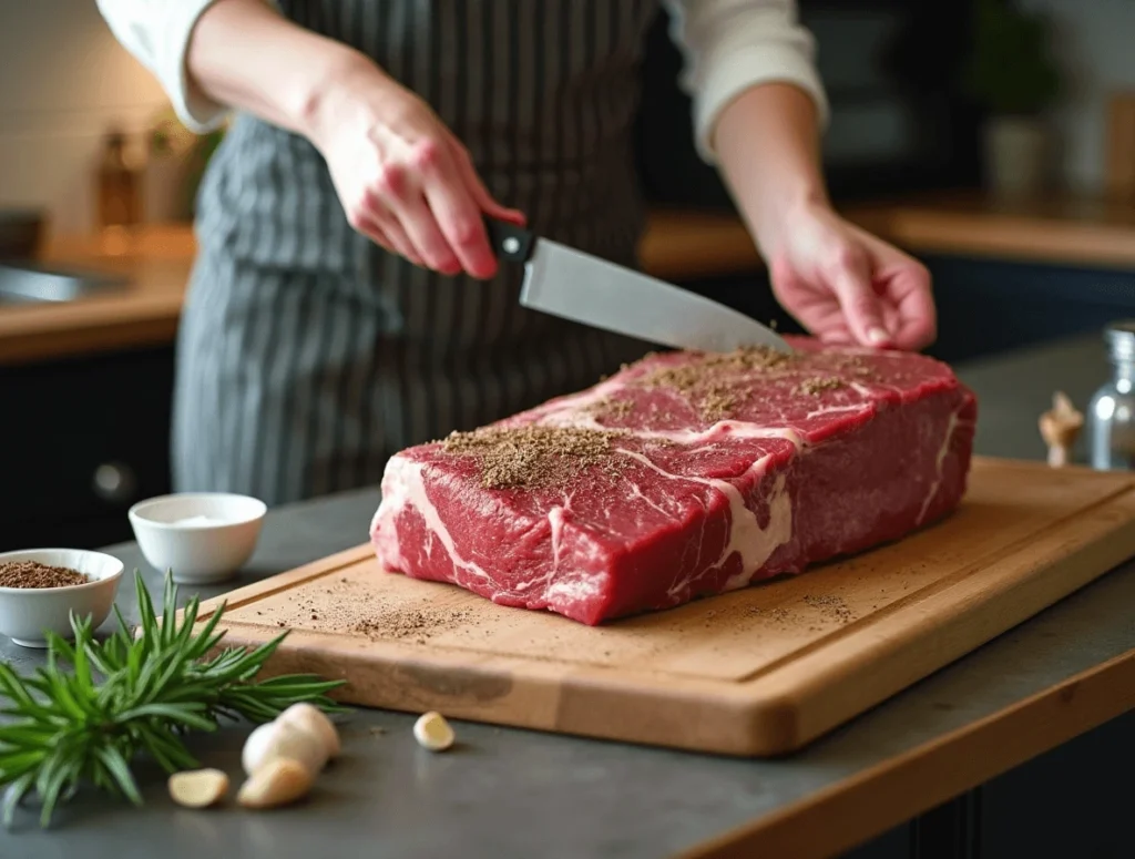 How to Cook Ribeye Roast – Simple & Delicious Recipe 3 Preparing a ribeye roast with fresh herbs, garlic, and seasoning on a wooden cutting board.