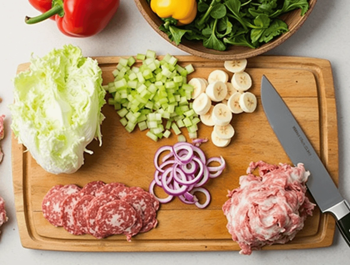 Easy Grinder Salad Recipe – A Sub Without the Bread 2 Chopping fresh vegetables and slicing deli meats for grinder salad preparation.