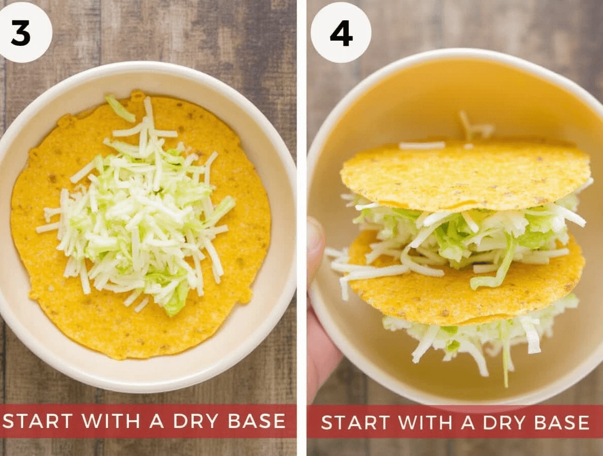 Taco Bowl: 5 Pro Tips for the Perfect Crunch 2 A crispy taco bowl shell with a base layer of shredded lettuce, grated cheese, and crumbled tortilla chips for the perfect foundation.