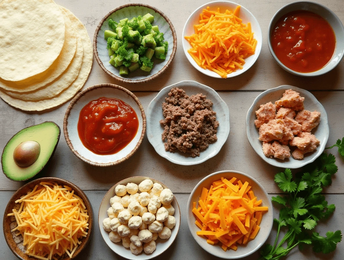 El Taco Loco: 3 Simple Steps to the Perfect Homemade Taco 2 A selection of fresh taco ingredients, including corn and flour tortillas, seasoned meats, fresh vegetables, shredded cheese, salsa, and guacamole on a rustic kitchen counter.