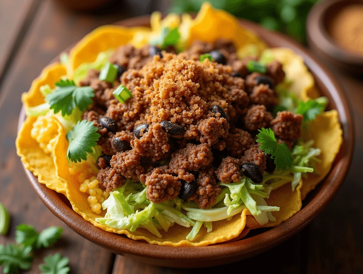 Taco Bowl: 5 Pro Tips for the Perfect Crunch 3 A crispy taco bowl filled with seasoned ground beef, grilled chicken, or black beans layered over a dry base of lettuce and cheese.