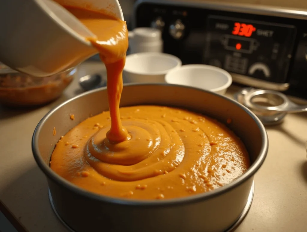 The Best Homemade Carrot Cake: Easy Step-by-Step Guide 3 Carrot cake batter poured into a greased cake pan, ready to be baked.