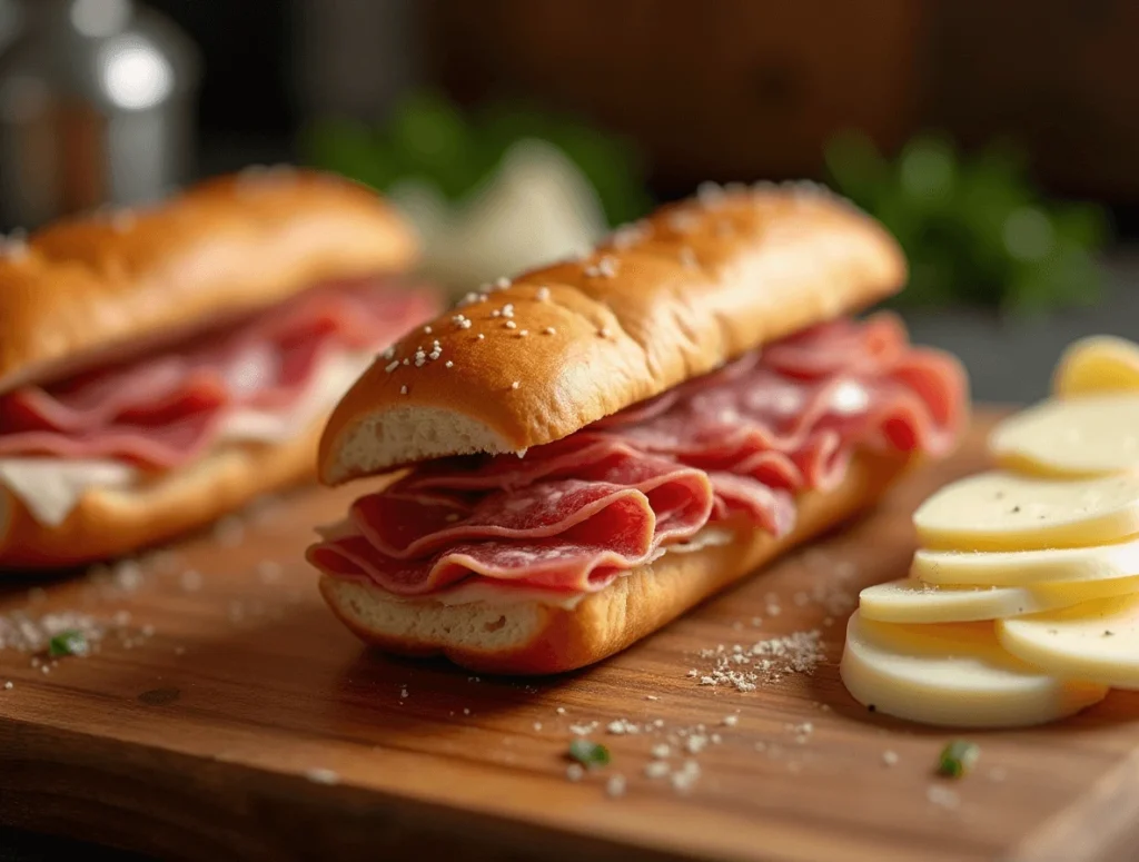 How to Make the Perfect Grinder Sandwich at Home 3 Slicing deli meats like salami, turkey, and roast beef, and layering them with provolone cheese on a hoagie roll for a grinder sandwich.