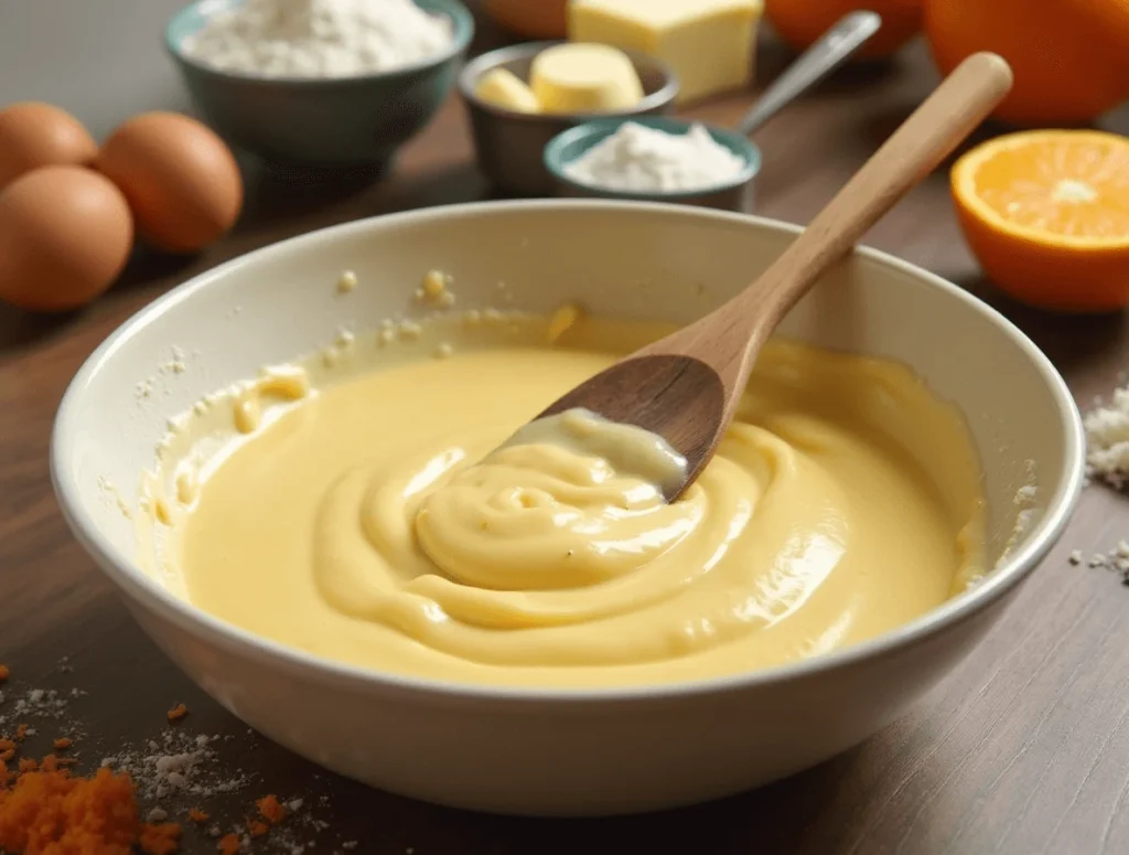 How to Make the Best Orange Cake at Home 4 Mixing orange cake batter in a bowl with a wooden spoon, surrounded by baking ingredients like flour and eggs.