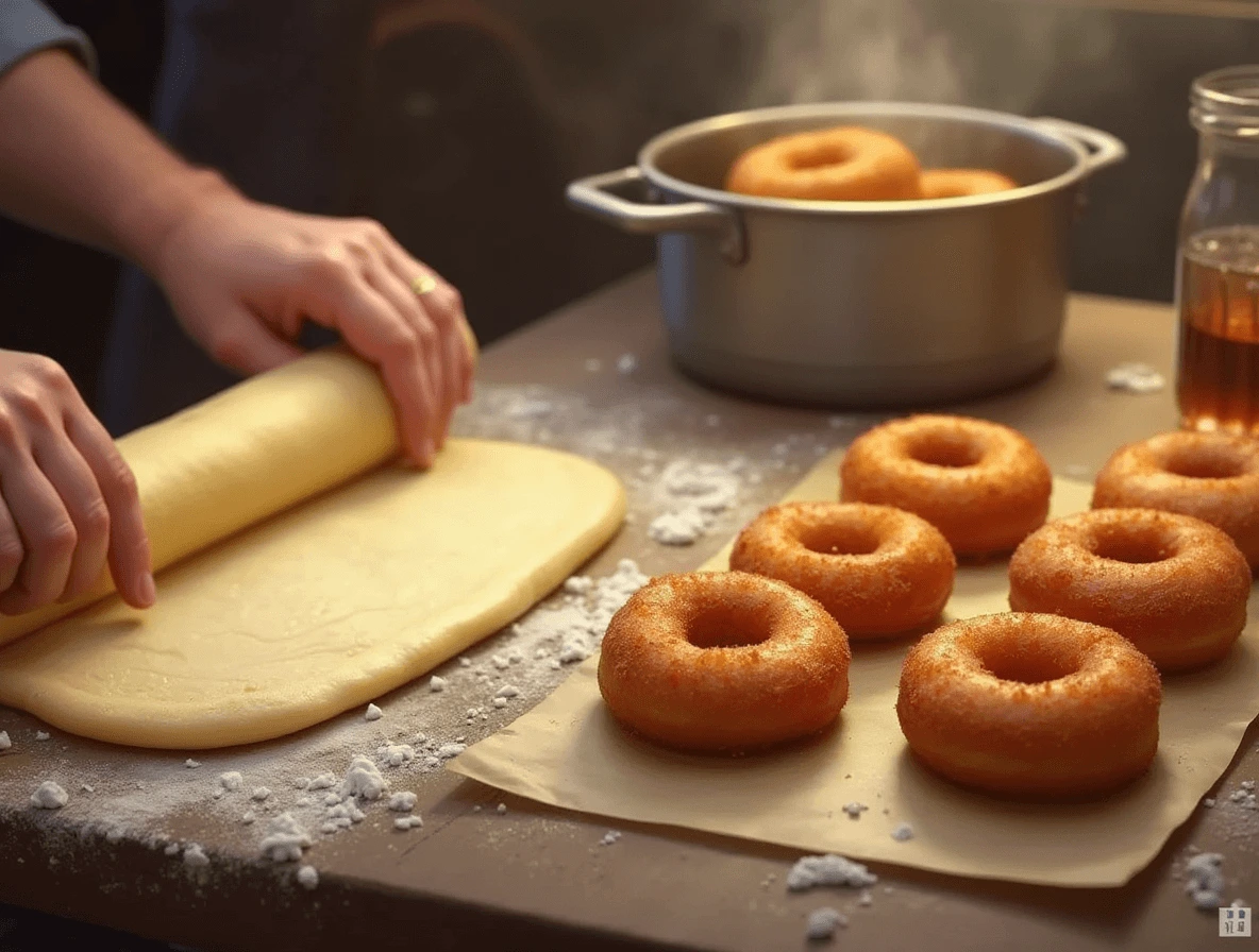 How to Make the Perfect Long John Donut at Home (Easy Recipe!) 4 A baker cutting Long John donut dough into rectangular shapes, with some frying in hot oil until golden brown. Tiny bubbles form around the sizzling donuts.