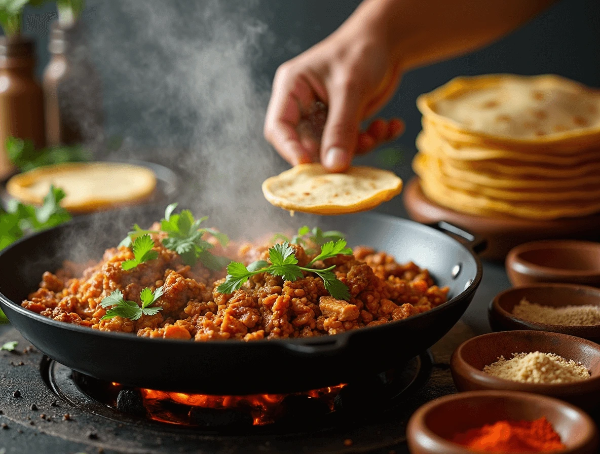 El Taco Loco: 3 Simple Steps to the Perfect Homemade Taco 3 A sizzling pan of seasoned taco meat cooking on the stovetop, with fresh spices like cumin, chili powder, and paprika nearby, alongside warm tortillas heating on a skillet.