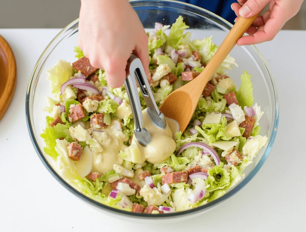 Easy Grinder Salad Recipe – A Sub Without the Bread 4 Tossing fresh grinder salad ingredients with creamy dressing to combine.
