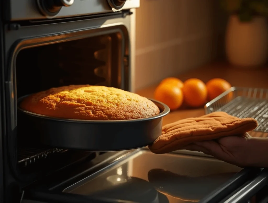 How to Make the Best Orange Cake at Home 5 Orange cake baking in the oven, golden and fluffy with a perfect rise.