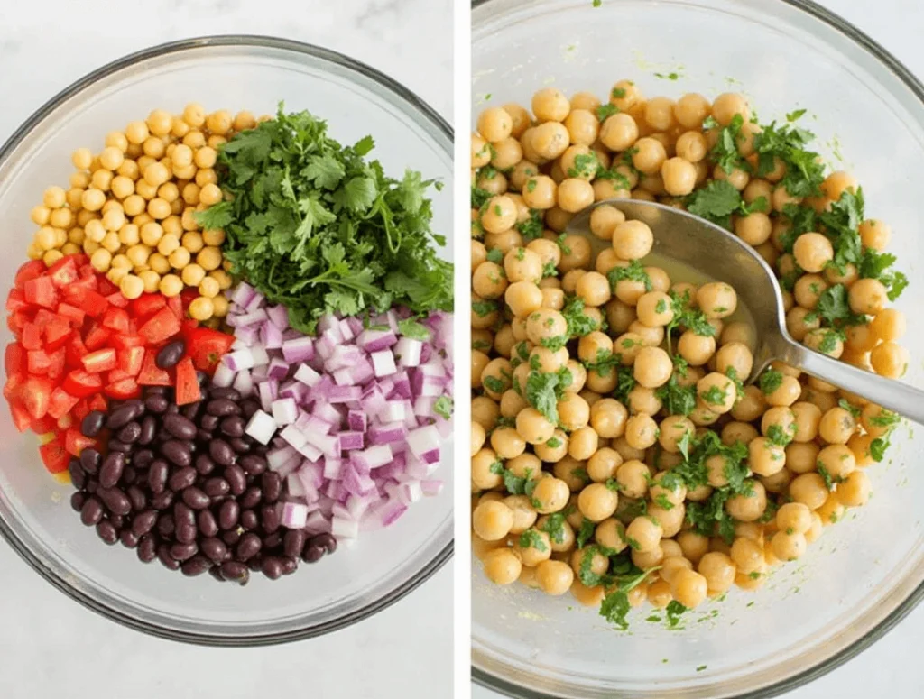Want a Bold, Dense Bean Salad? Here’s the Perfect Secret! 5 Combining ingredients for dense bean salad and letting it marinate in a bowl with a zesty dressing.