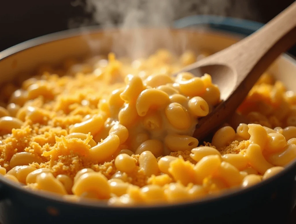 How to Make Tini’s Famous Mac and Cheese Recipe 5 A baking dish filled with elbow macaroni mixed with creamy cheese sauce, topped with breadcrumbs and extra cheese, ready to go into the oven.
