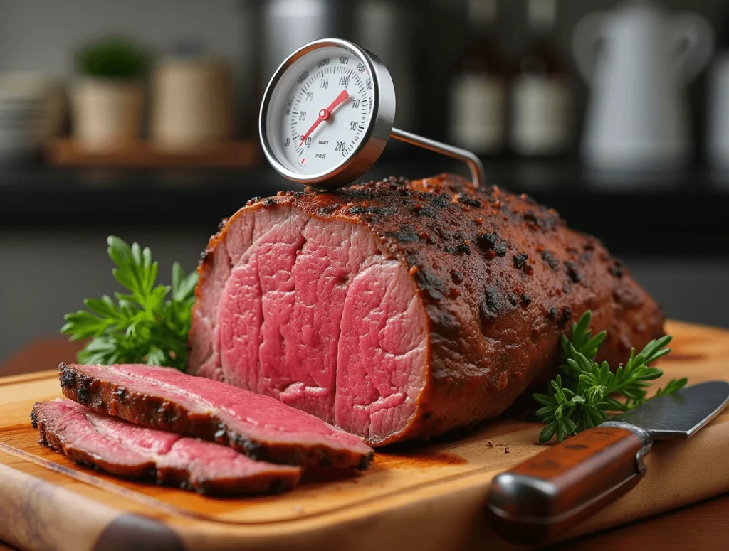 How to Cook Ribeye Roast – Simple & Delicious Recipe 5 Internal temperature guide for ribeye roast with a thermometer showing different doneness levels.