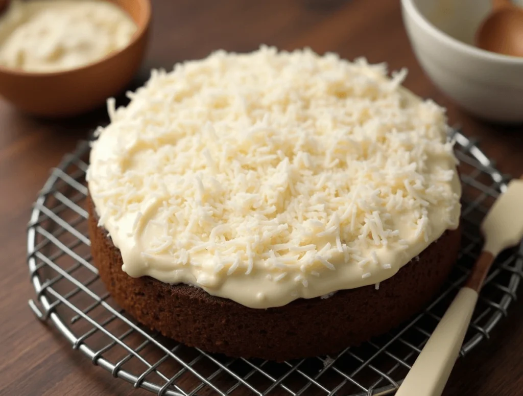 Best Homemade Chocolate Coconut Cake in 4 Simple Steps 4 Cooling and frosting a chocolate coconut cake with coconut frosting