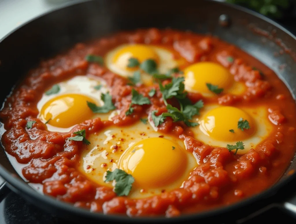 Quick & Easy Shakshuka with Eggs for Any Time of Day 4 Eggs cracked into simmering shakshuka sauce, cooking until set in a skillet.