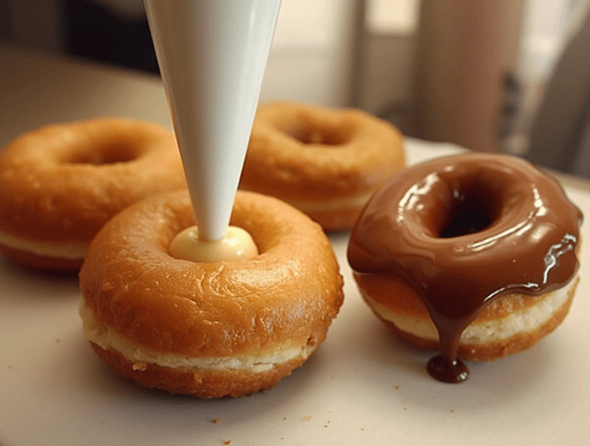 How to Make the Perfect Long John Donut at Home (Easy Recipe!) 5 A baker piping Bavarian cream into a Long John donut while another donut is being dipped into a glossy chocolate glaze.