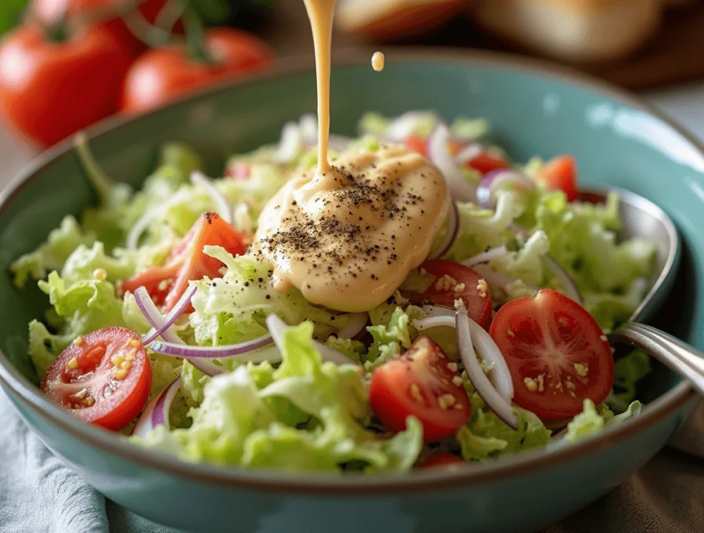 How to Make the Perfect Grinder Sandwich at Home 4 Preparing a fresh grinder salad with lettuce, tomatoes, onions, and a creamy dressing in a bowl.