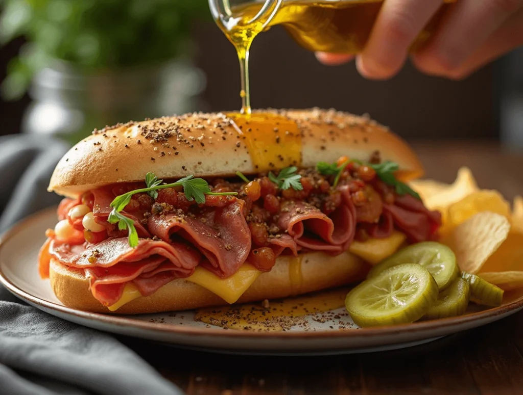 How to Make the Perfect Grinder Sandwich at Home 5 Assembling a grinder sandwich with layers of meats, cheese, grinder salad, and a sprinkle of seasoning on a toasted hoagie roll.