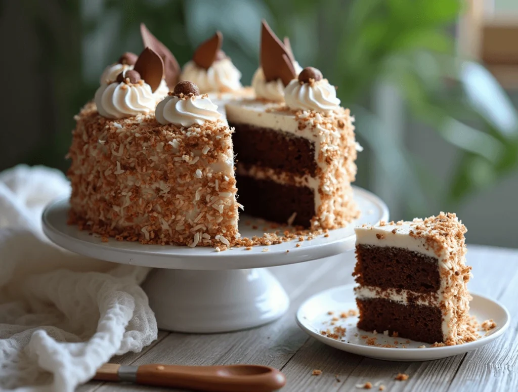 Best Homemade Chocolate Coconut Cake in 4 Simple Steps 5 Decorated chocolate coconut cake served with a slice on a plate