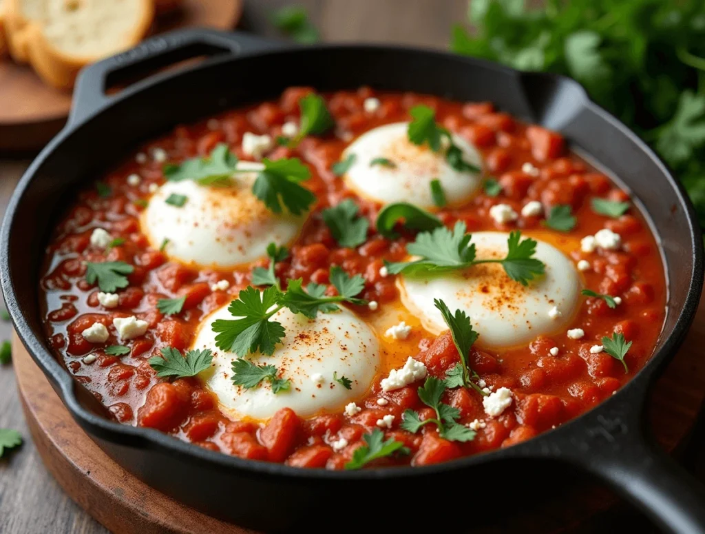 Quick & Easy Shakshuka with Eggs for Any Time of Day 5 Shakshuka with eggs garnished with crumbled feta cheese and fresh herbs.