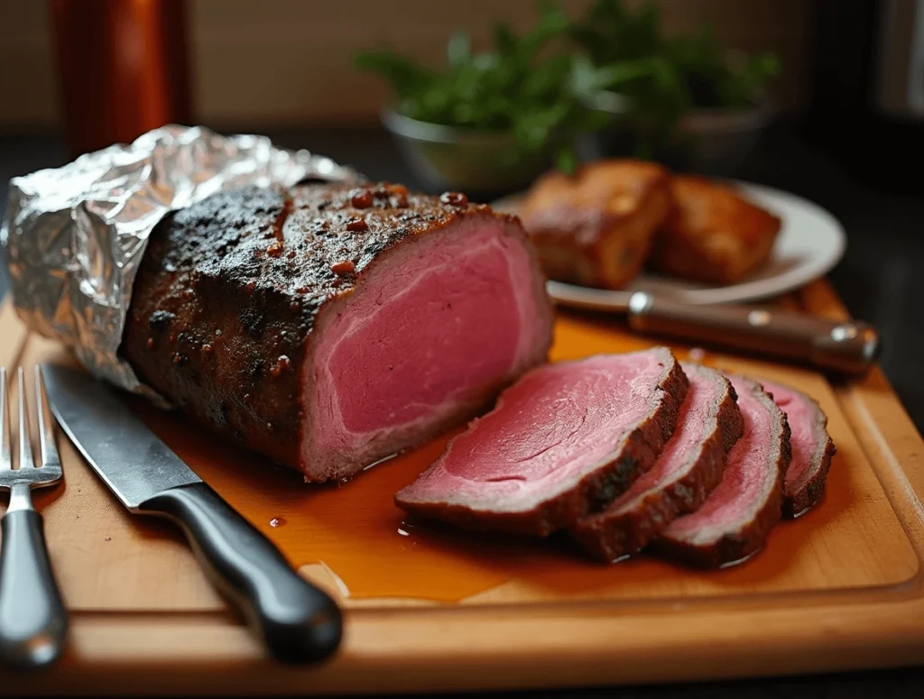 How to Cook Ribeye Roast – Simple & Delicious Recipe 6 Ribeye roast resting on a cutting board, ready to be carved, with juices visibly redistributed.