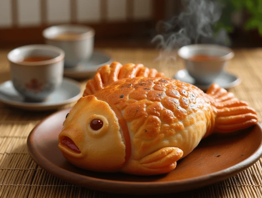 Top 5 Asian Desserts That Will Satisfy Your Sweet Tooth 2 Freshly baked Taiyaki, a Japanese fish-shaped pastry filled with red bean paste, on a wooden plate.