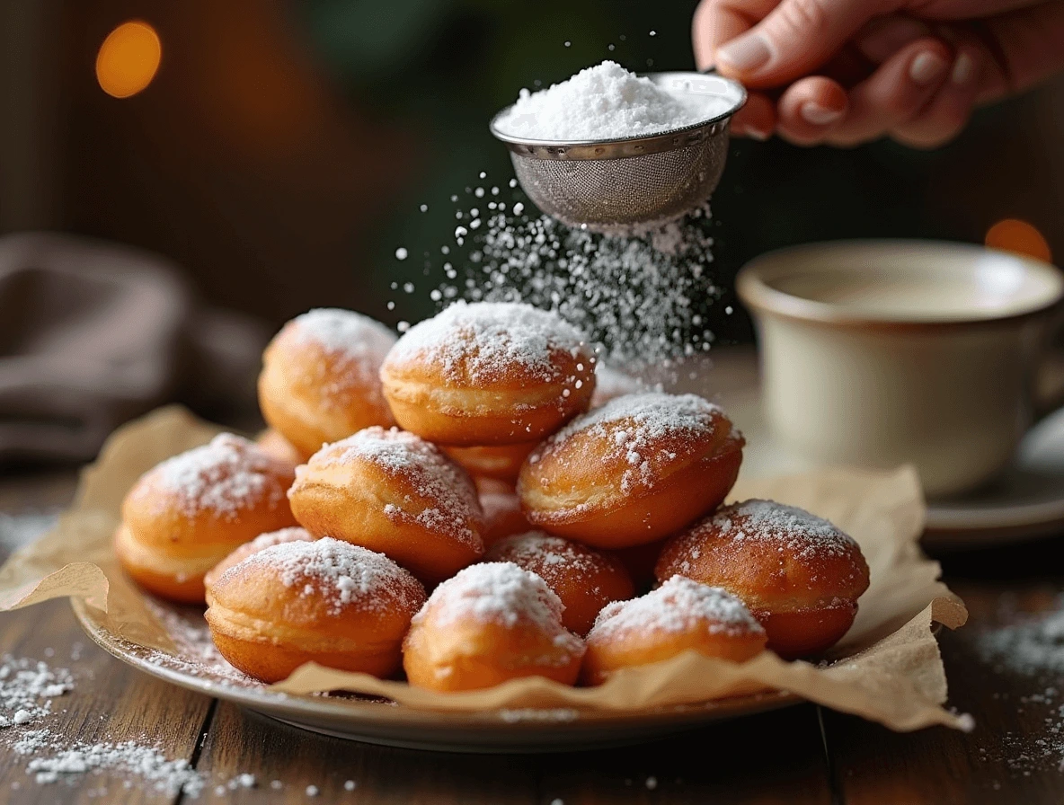 No Beignets Near Me? Here’s How to Make the Best Ones at Home 5 Freshly fried beignets being dusted with powdered sugar, served on a plate alongside a cup of coffee for the perfect finishing touch.