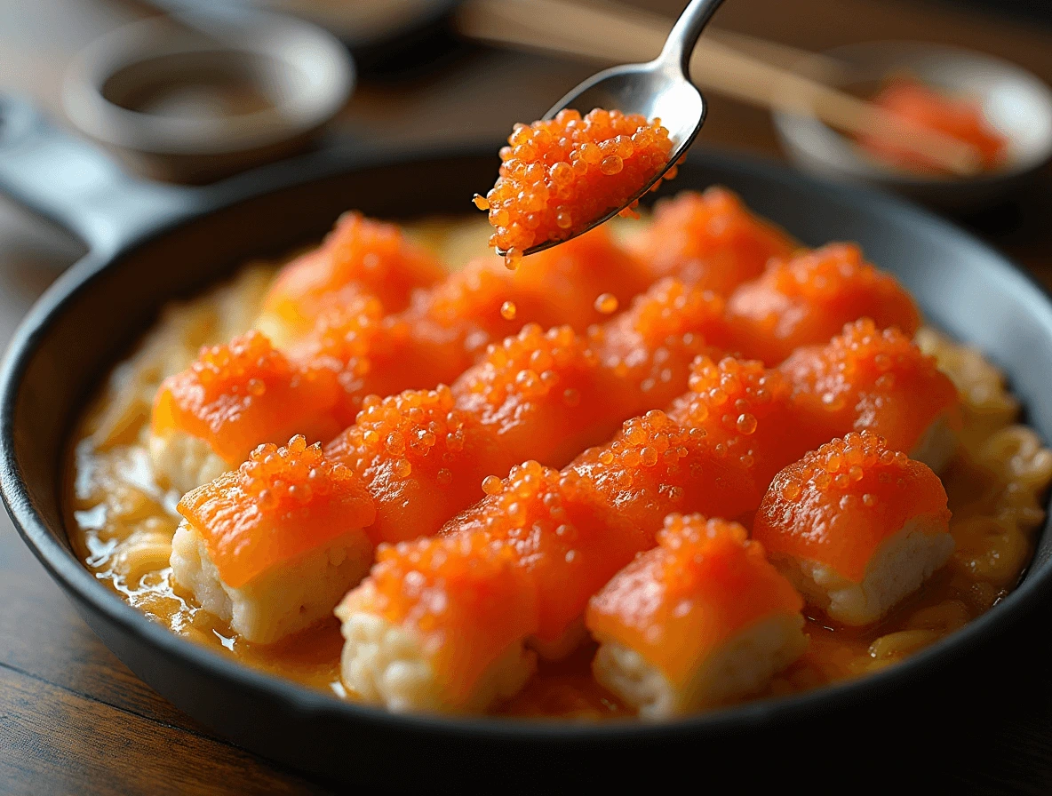 Sushi Bake Tuna: 5 Best Toppings to Elevate Your Recipe 4 A vibrant topping of orange tobiko and red masago sprinkled over a freshly baked sushi bake tuna, adding a pop of color and a burst of umami flavor.