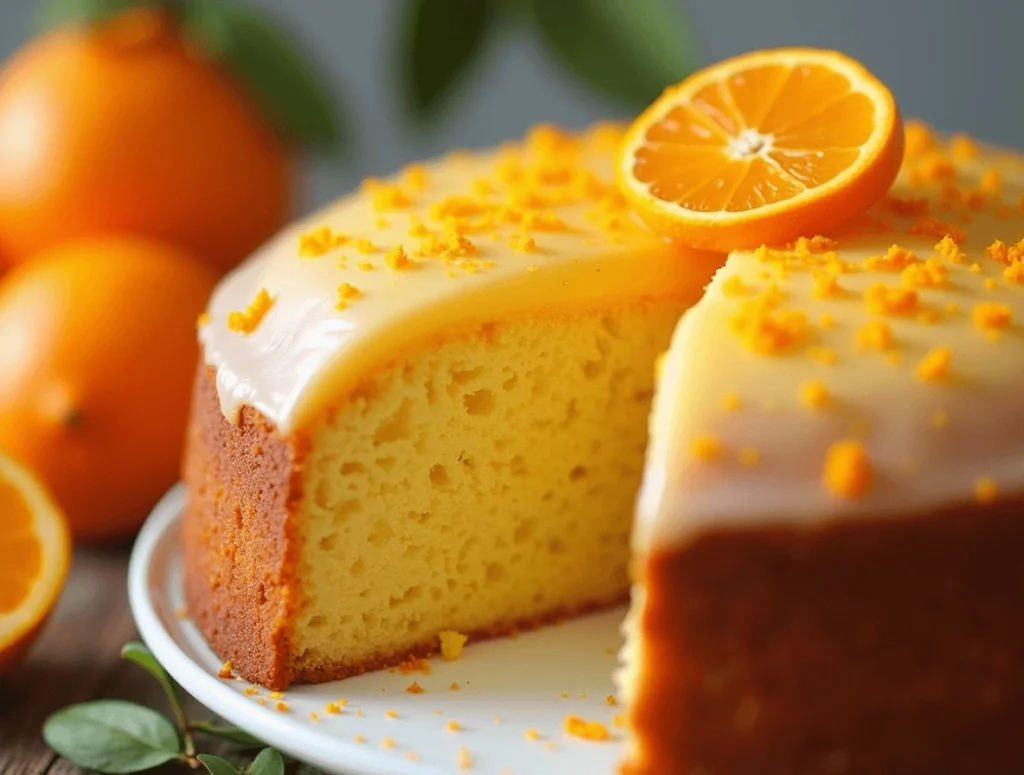 How to Make the Best Orange Cake at Home 2 Close-up of a slice of orange cake showing its moist texture and vibrant citrus glaze.
