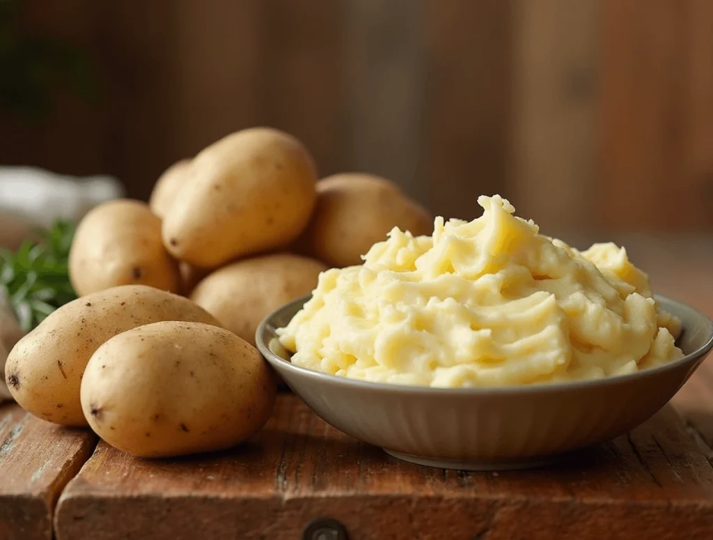 5 Secrets to the Best Potato Soup Recipe 2 Russet and Yukon Gold potatoes on a wooden counter, ready for potato soup.