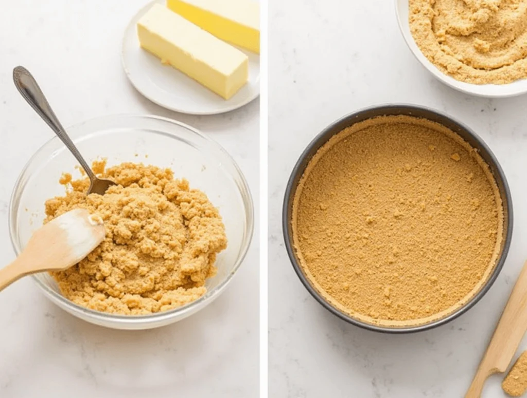 Easy Cheesecake Recipe – Made with Just 5 Simple Ingredients 2 Crushing graham crackers and mixing with melted butter to prepare a cheesecake crust