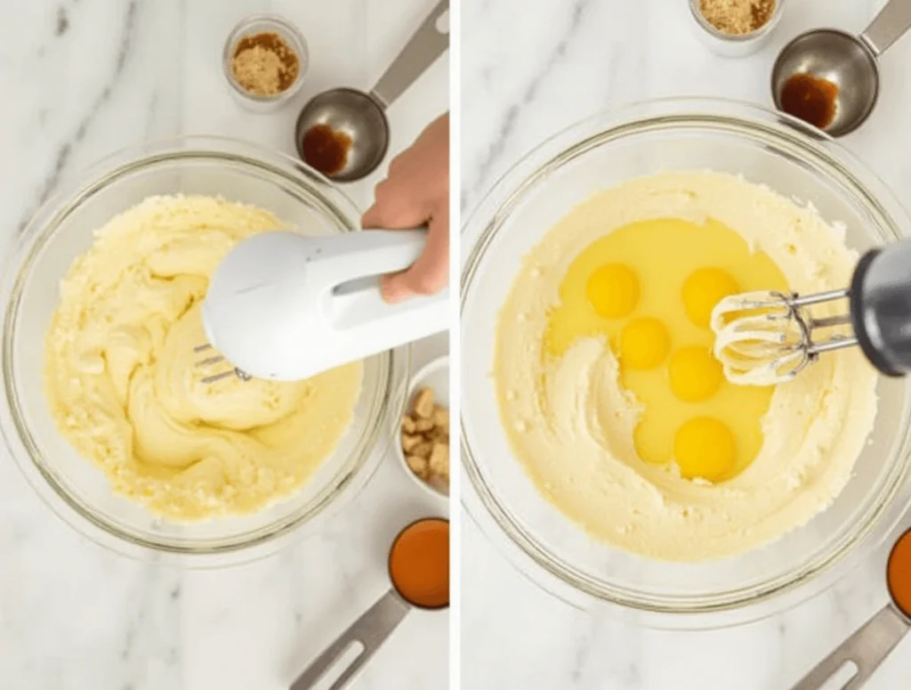 Easy Cheesecake Recipe – Made with Just 5 Simple Ingredients 3 Mixing cream cheese, sugar, eggs, and vanilla extract to make a smooth cheesecake filling.