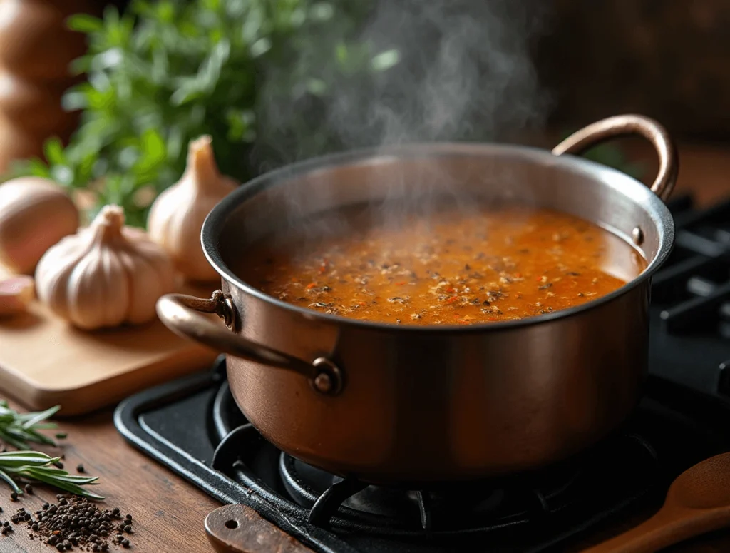 5 Secrets to the Best Potato Soup Recipe 3 A simmering pot of rich broth with garlic, onions, and fresh herbs.