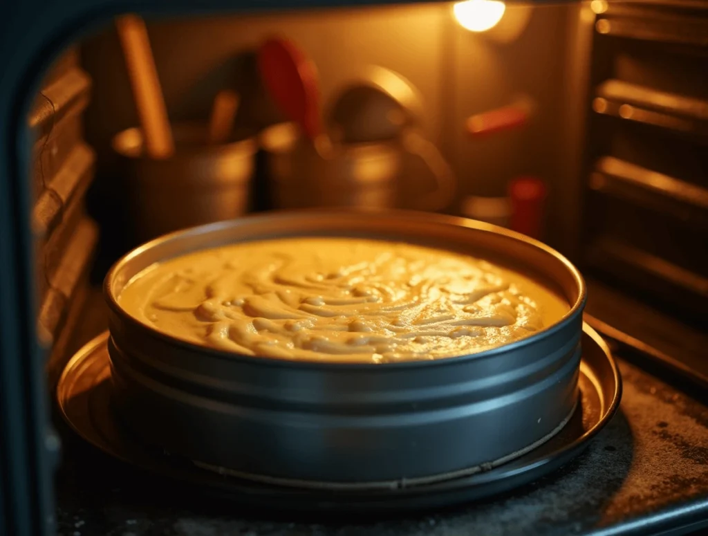 Easy Cheesecake Recipe – Made with Just 5 Simple Ingredients 4 Baking cheesecake in the oven, golden and set in a springform pan.