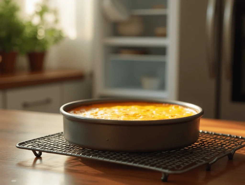 Easy Cheesecake Recipe – Made with Just 5 Simple Ingredients 5 Cheesecake cooling on a wire rack before being placed in the refrigerator to chill.
