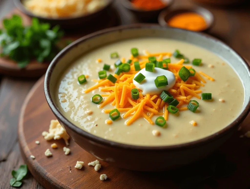 5 Secrets to the Best Potato Soup Recipe 5 A bowl of creamy potato soup topped with shredded cheddar, green onions, and a dollop of sour cream.