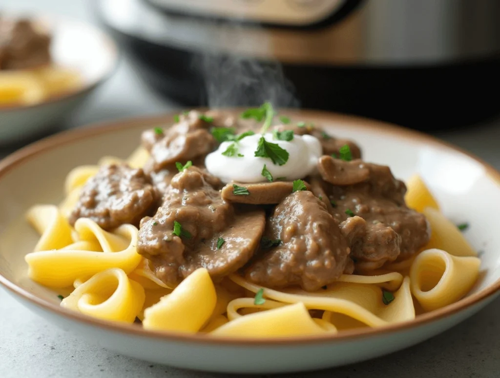 How to Cook Stew Meat: 5 Comforting Recipes for Food Lovers 3 Instant Pot stew meat stroganoff with creamy mushroom sauce over egg noodles.