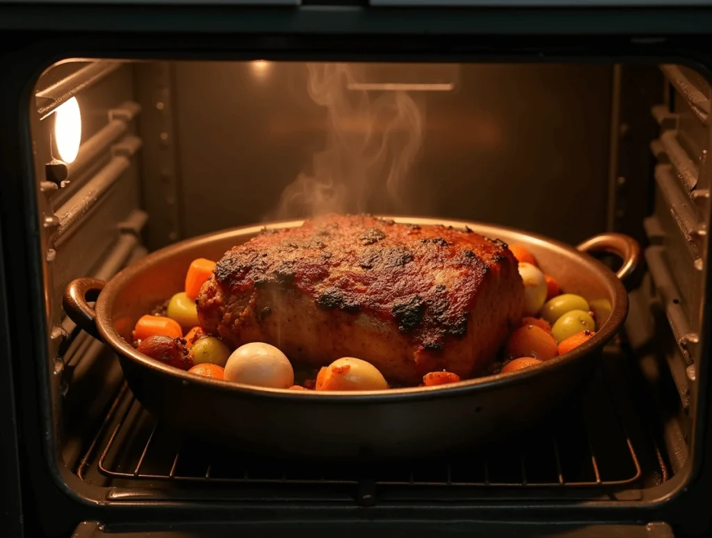 Brisket Recipe: How to Make the Best One at Home 4 Slow-cooked brisket in the oven with a golden-brown crust, surrounded by aromatic vegetables in a roasting pan.