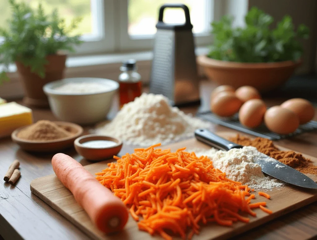 Carrot Cake Cookies: A Step-by-Step Guide to Perfection 2 Freshly grated carrots on a cutting board with measuring ingredients for carrot cake cookies.