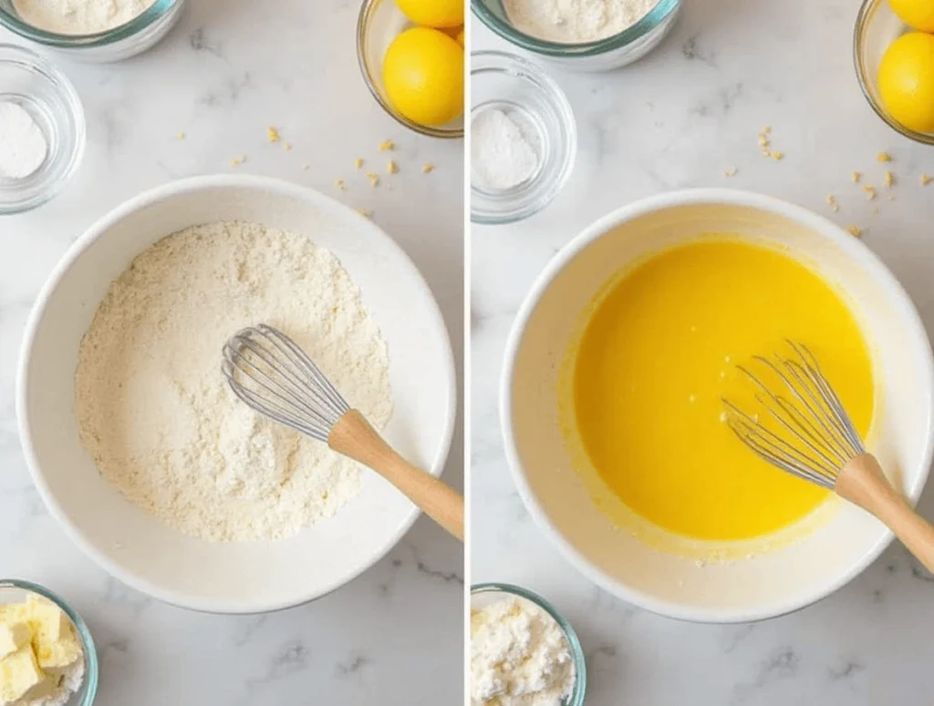 How to Bake Perfect Lemon Blueberry Bread Every Time 3 Mixing dry ingredients in one bowl and wet ingredients in another for lemon blueberry bread.